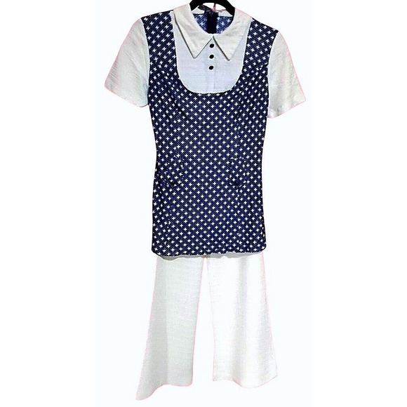 Unbranded Vintage Pants - Retro Vintage 70s Geometric Star Tunic Pant Set Womens Small Navy White Mod